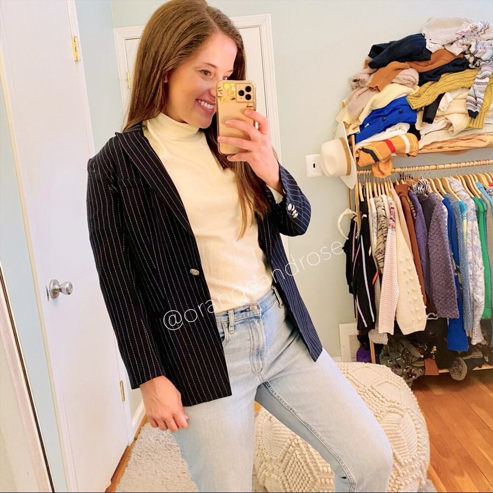 Veronica Beard Navy Blue Striped Lace Side One Button Dickey Blazer Jacket XXS